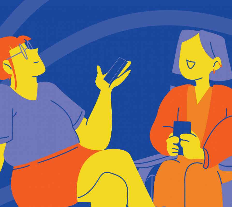 Visuel de l'enquête aux couleurs vives : quatre personnes, téléphone en main, discutent