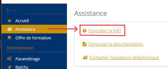 Consulter la FAQ est le première entrée dans le menu Assistance