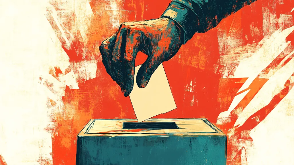 Illustration graphique d’un geste de vote : une main vue de près tient un bulletin rectangulaire et le glisse dans la fente d’une urne. Le style artistique est expressif, avec des contrastes marqués entre le bleu sombre de la main et les teintes rouges et orangées du fond. L’image symbolise les élections, la participation citoyenne et la démocratie.