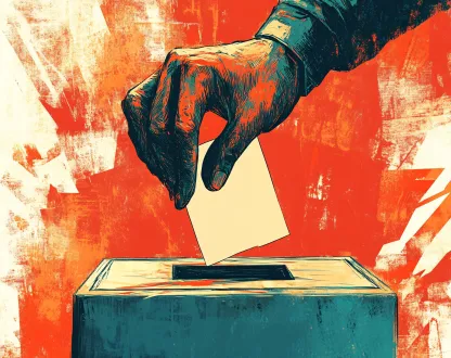 Illustration graphique d’un geste de vote : une main vue de près tient un bulletin rectangulaire et le glisse dans la fente d’une urne. Le style artistique est expressif, avec des contrastes marqués entre le bleu sombre de la main et les teintes rouges et orangées du fond. L’image symbolise les élections, la participation citoyenne et la démocratie.